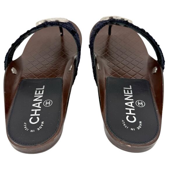 CHANEL Interlocking CC Logo Quilted Thong Sandals EU 39 US 8.5-9 Navy Blue Flats - Picture 5 of 15